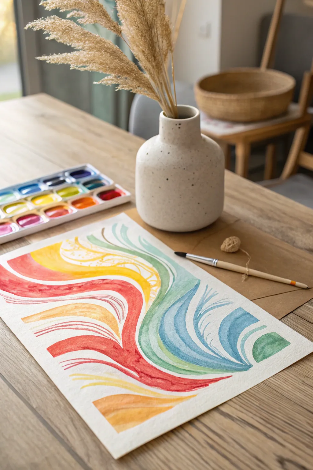 Embrace the beauty of abstract color swirls with vibrant watercolor paints on a minimalist canvas.