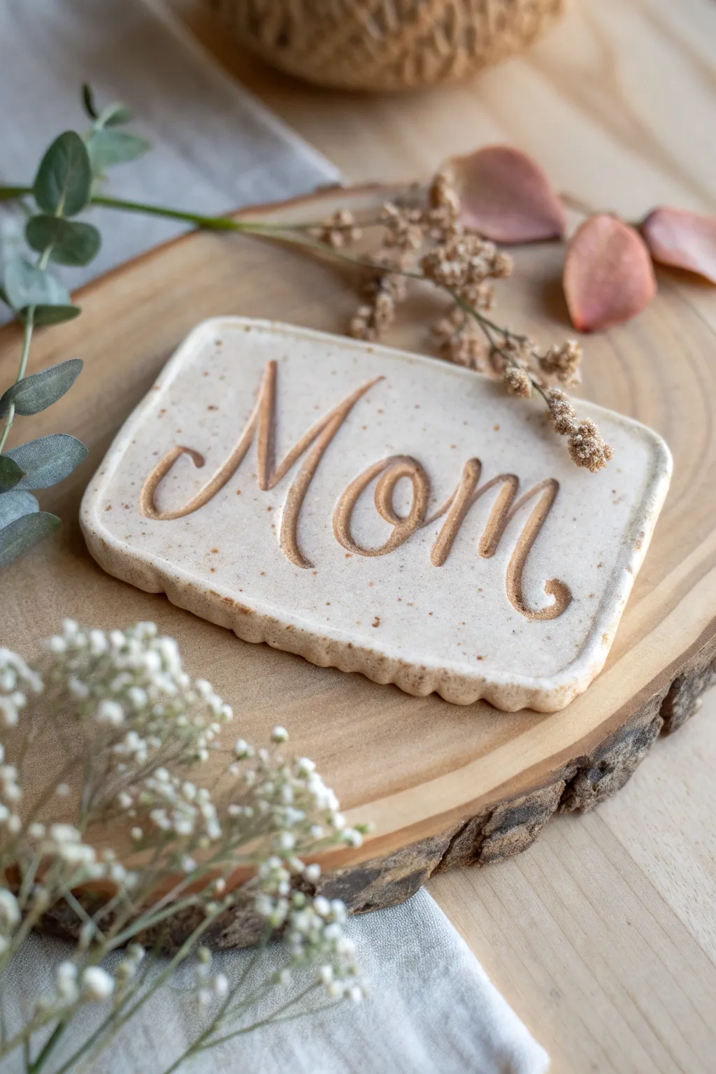 Add a personal touch to Mother's Day with a handcrafted clay nameplate. Perfect for her workspace or kitchen, where simplicity meets elegance.