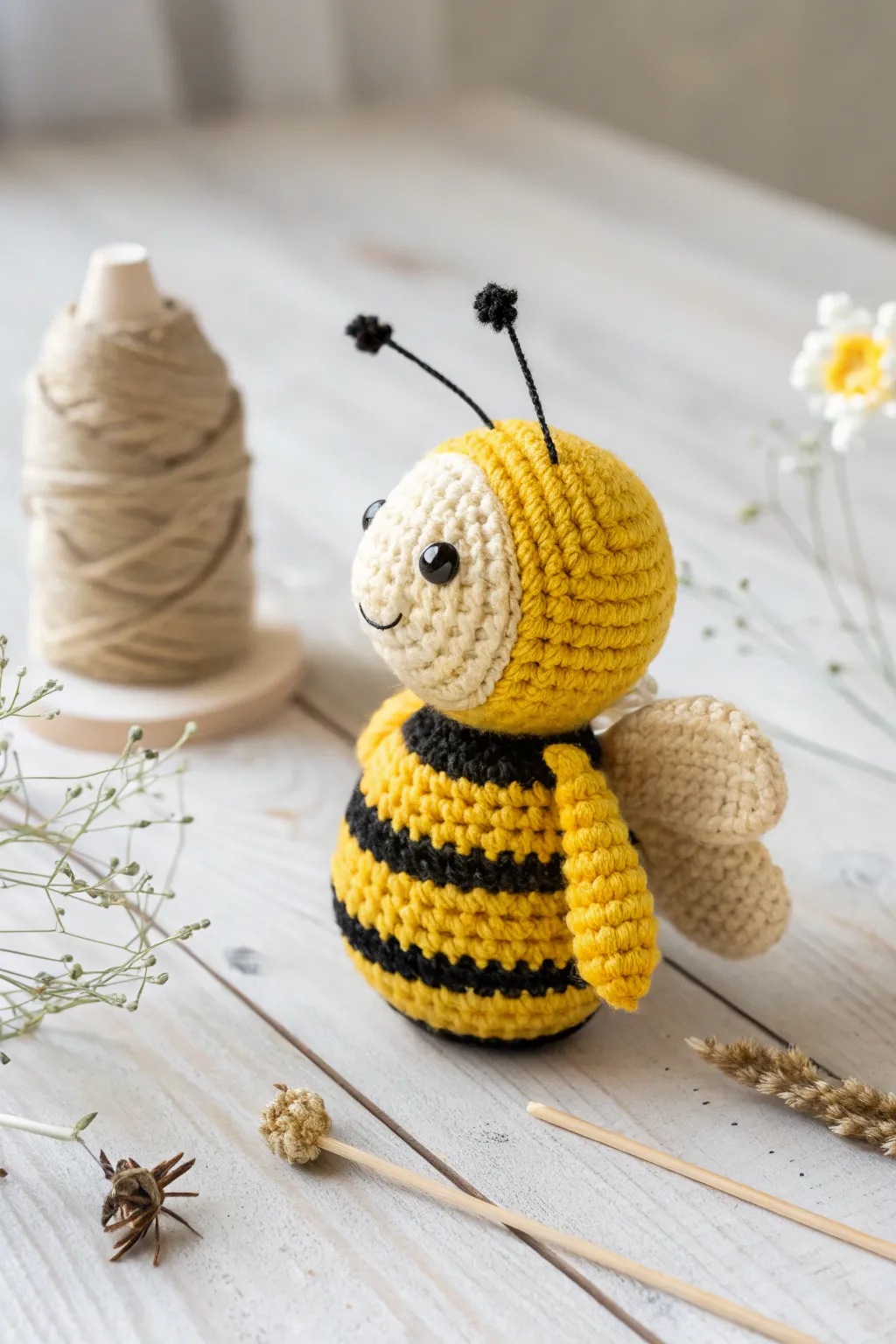 Bring nature indoors with this charming amigurumi bee, the perfect blend of minimalism and craft.