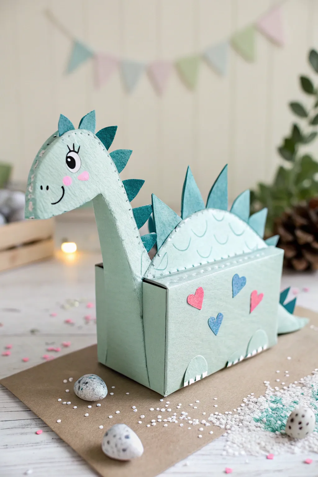 Unleash creativity with this adorable dinosaur Valentine box, where simplicity meets sparkle!