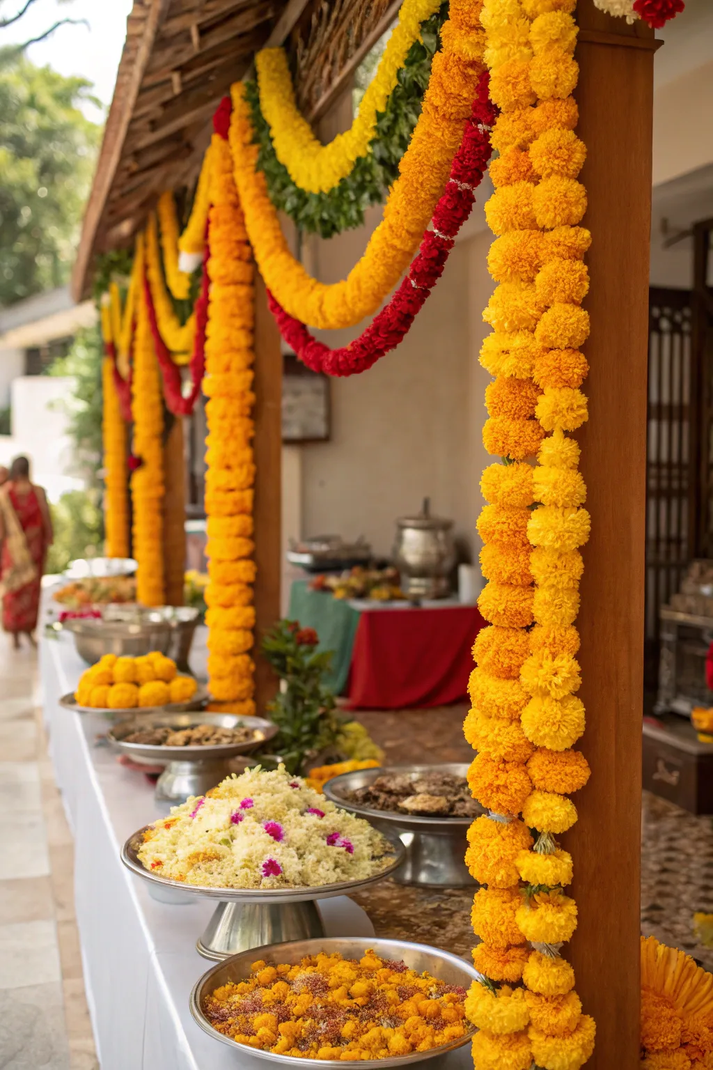 Marigold garlands adding color and elegance to the Annakut setup.