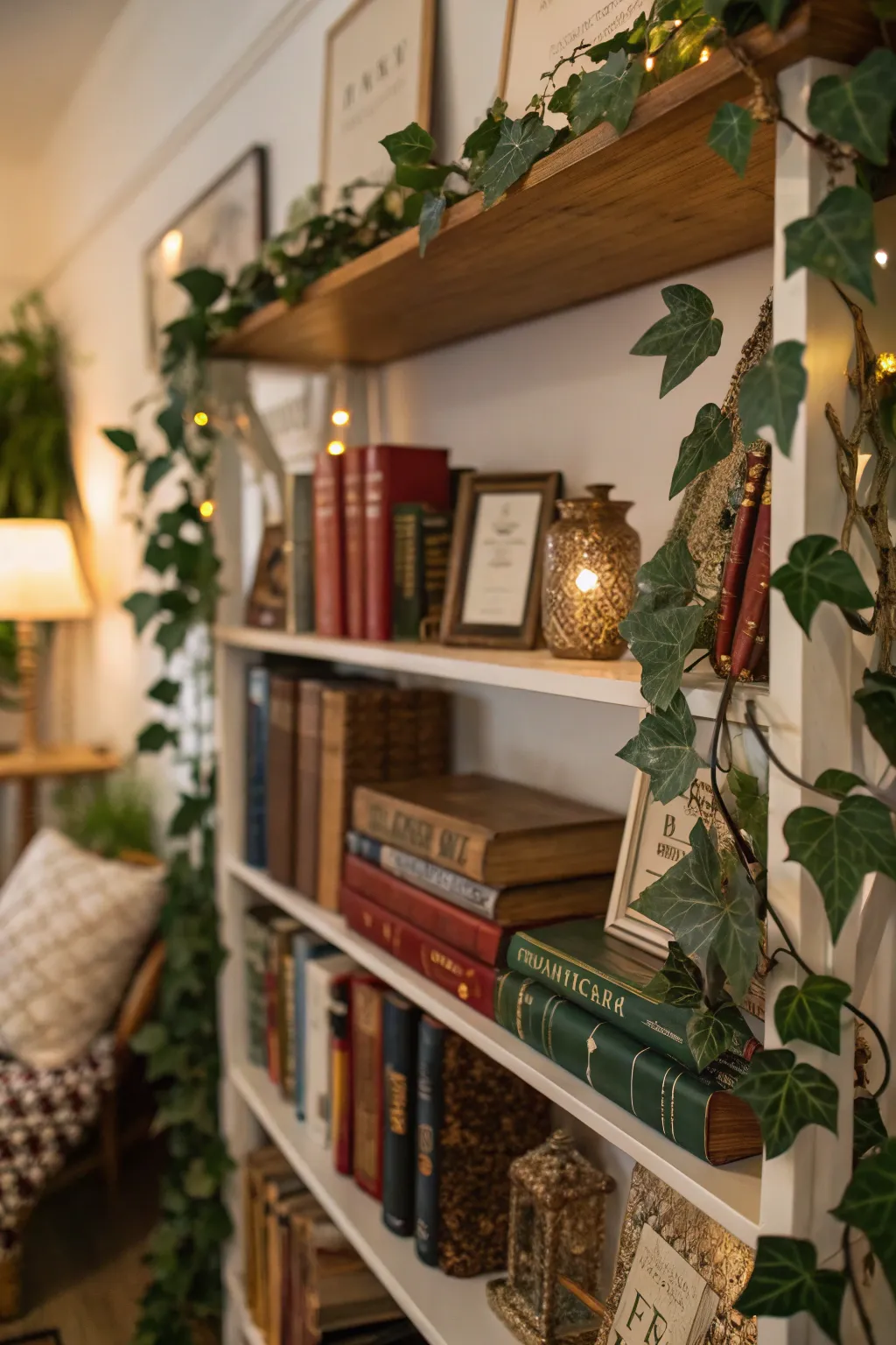 Leaf garlands add a touch of greenery to any bookshelf.