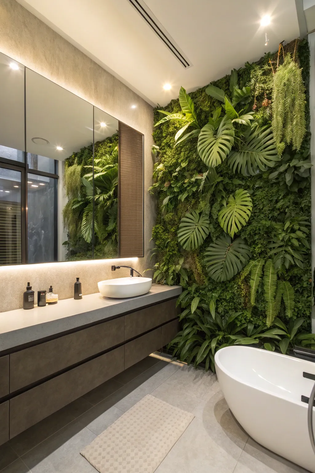 Transform your bathroom into a tropical oasis with a plant wall.
