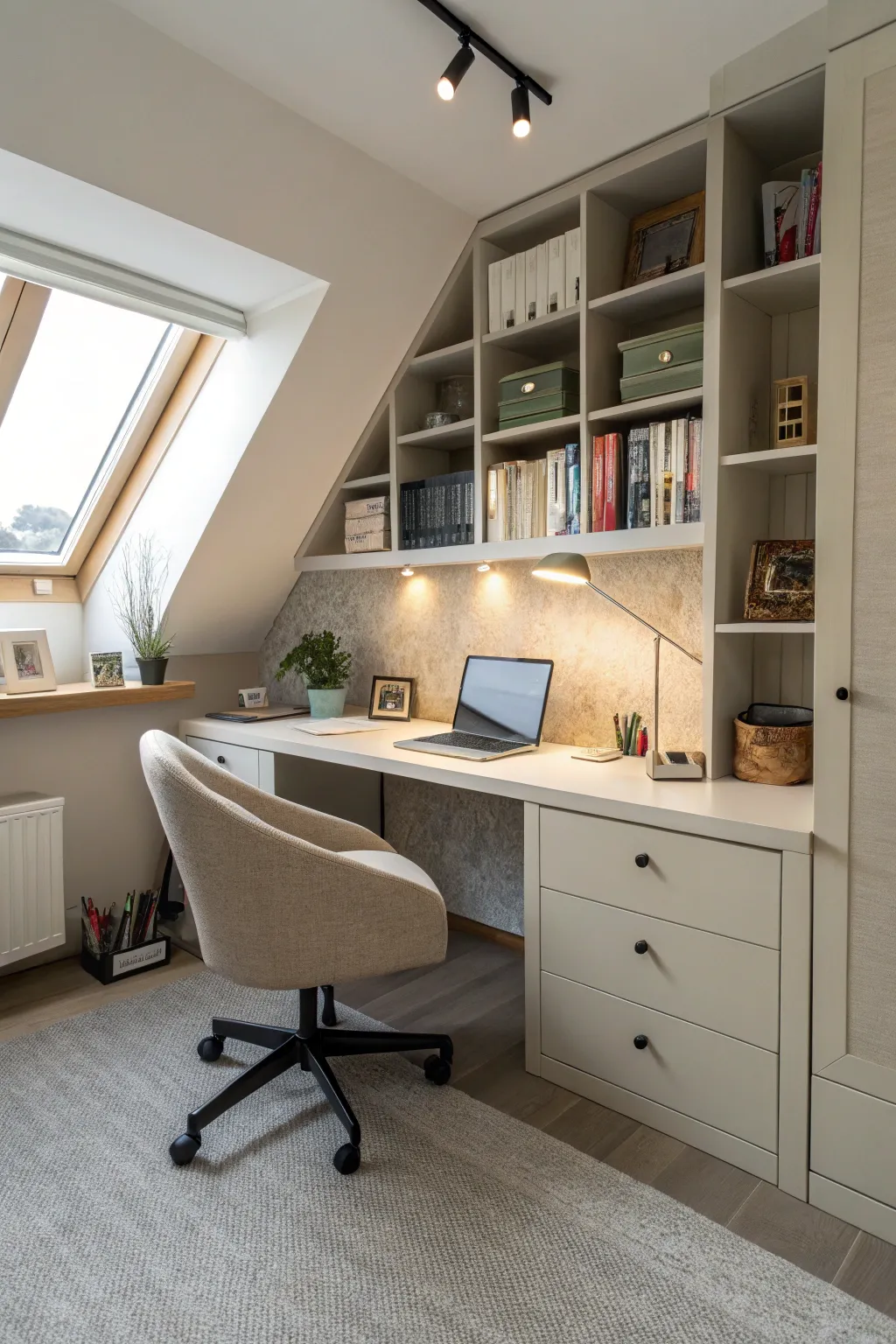 A functional attic home office with a sleek design.