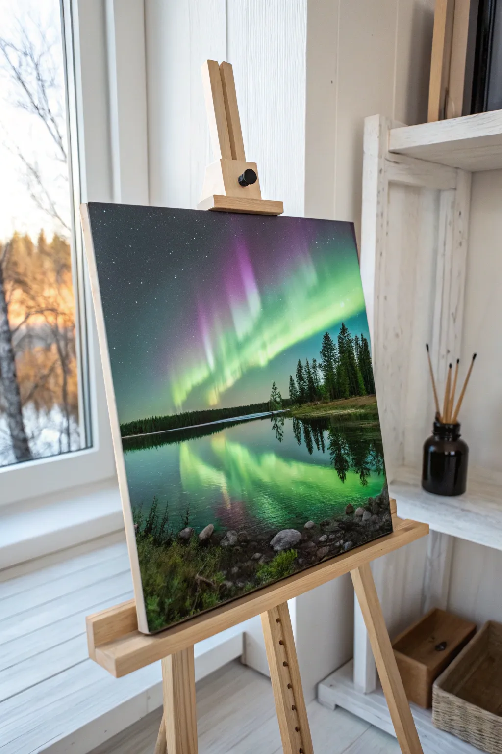 Capture the magic of the aurora borealis with this serene water reflection painting—simplicity meets nature's beauty.