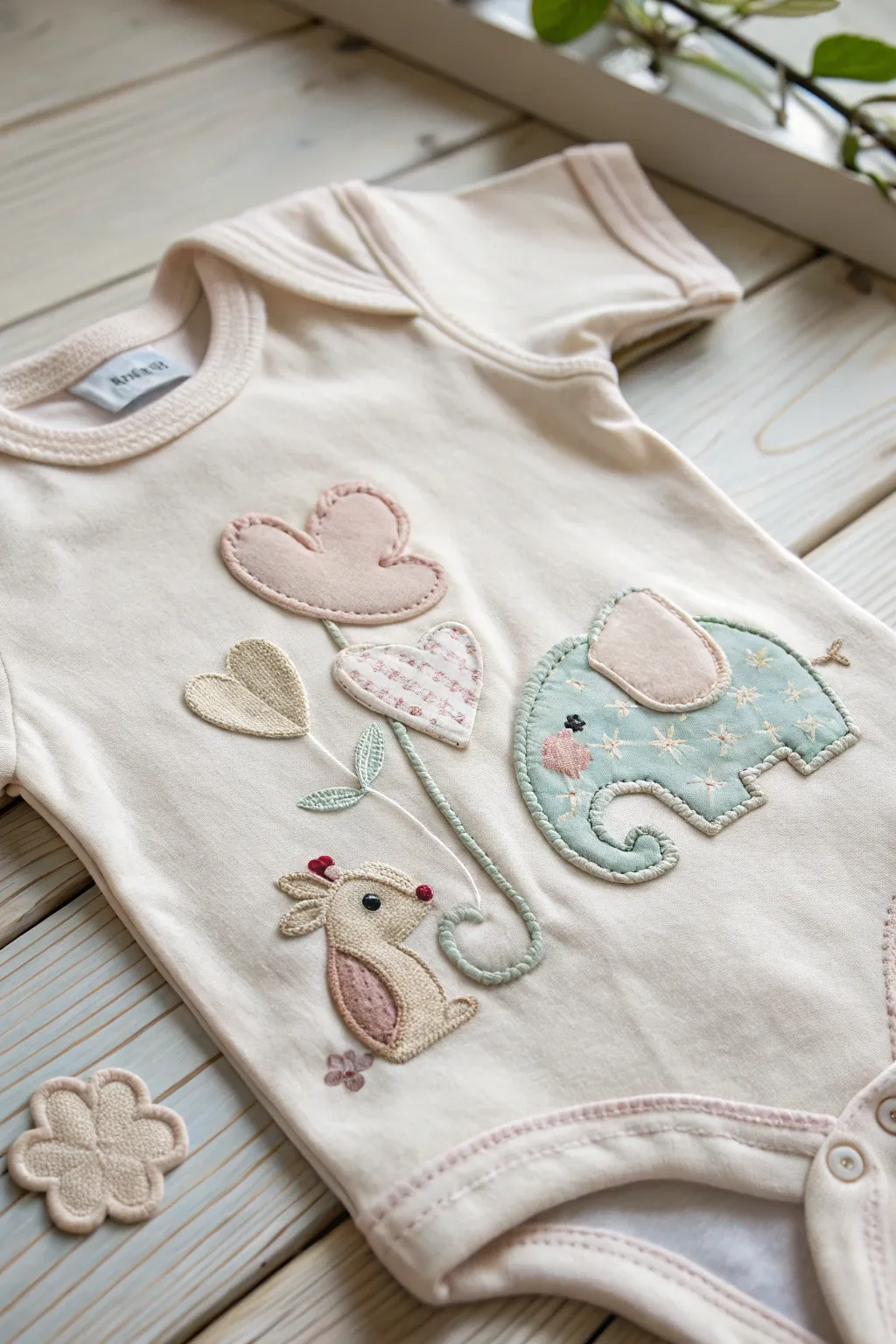 Discover the charm of appliqué with this adorable and handcrafted baby onesie design.