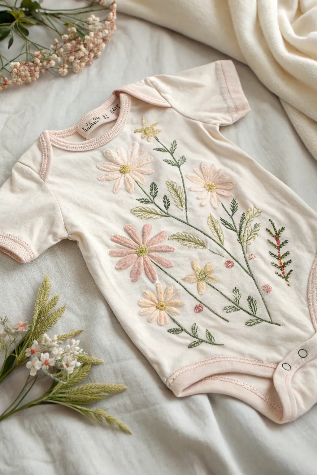 Embrace the beauty of nature with delicate floral embroidery on baby onesies, bringing a touch of springtime charm all year round.
