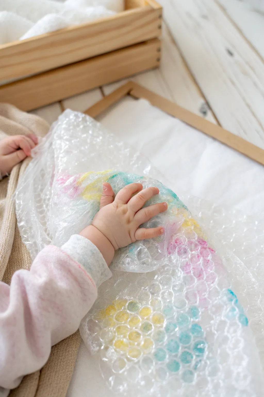 Discover the joy of creativity with bubble wrap and baby hands—art with a pop of fun and color!