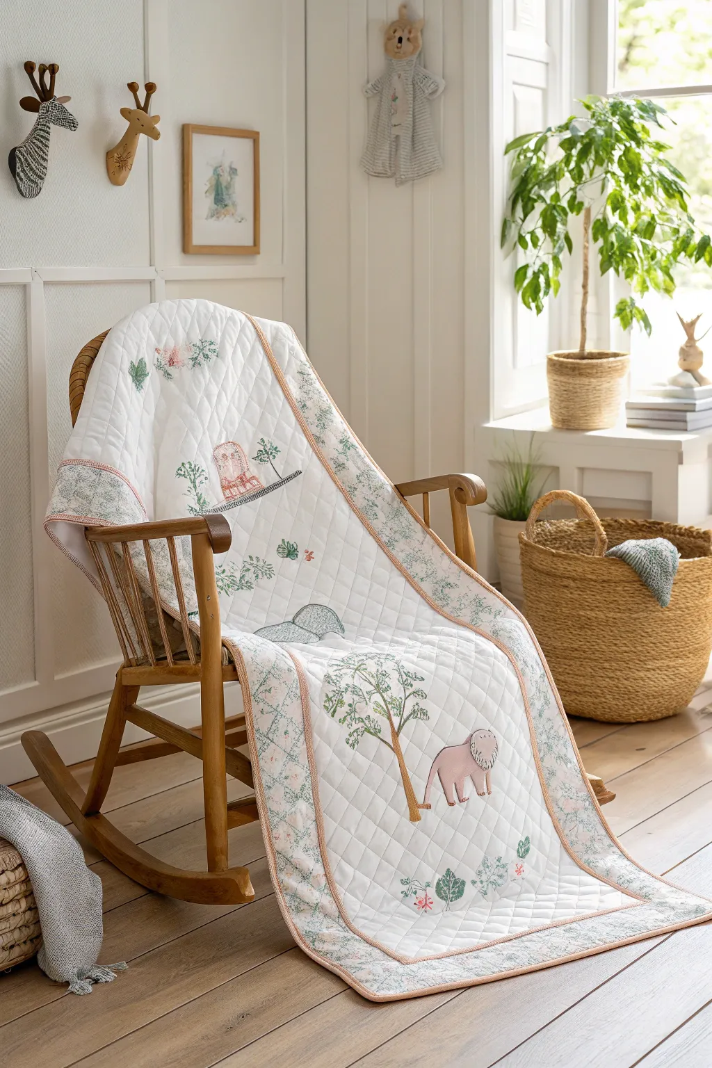 Delight in the playful charm of whimsical animal friends with this beautifully crafted baby quilt, perfect for a serene nursery setting.