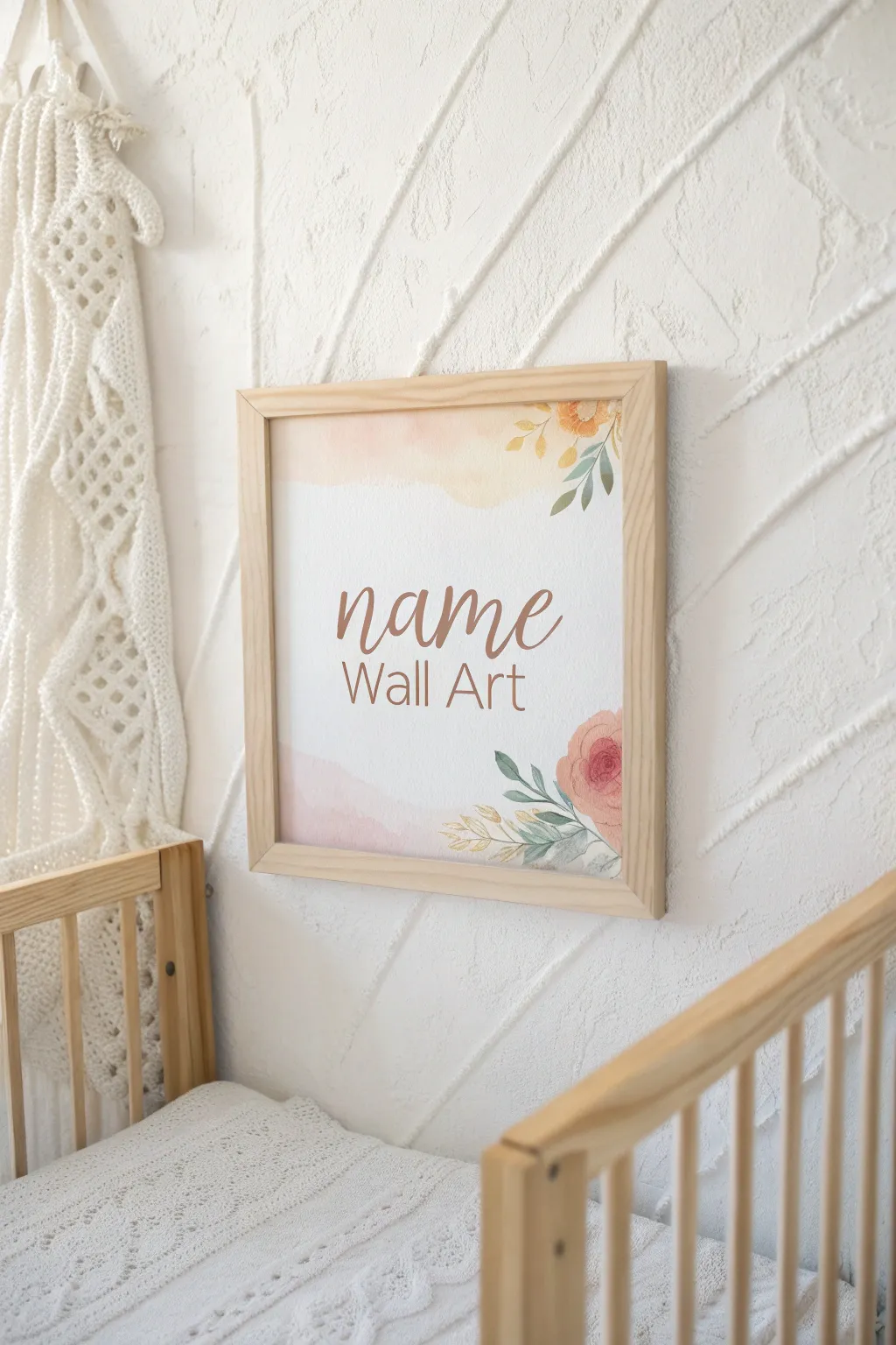 Add a personalized touch to the nursery with custom name wall art, blending minimalist elegance with Boho charm.