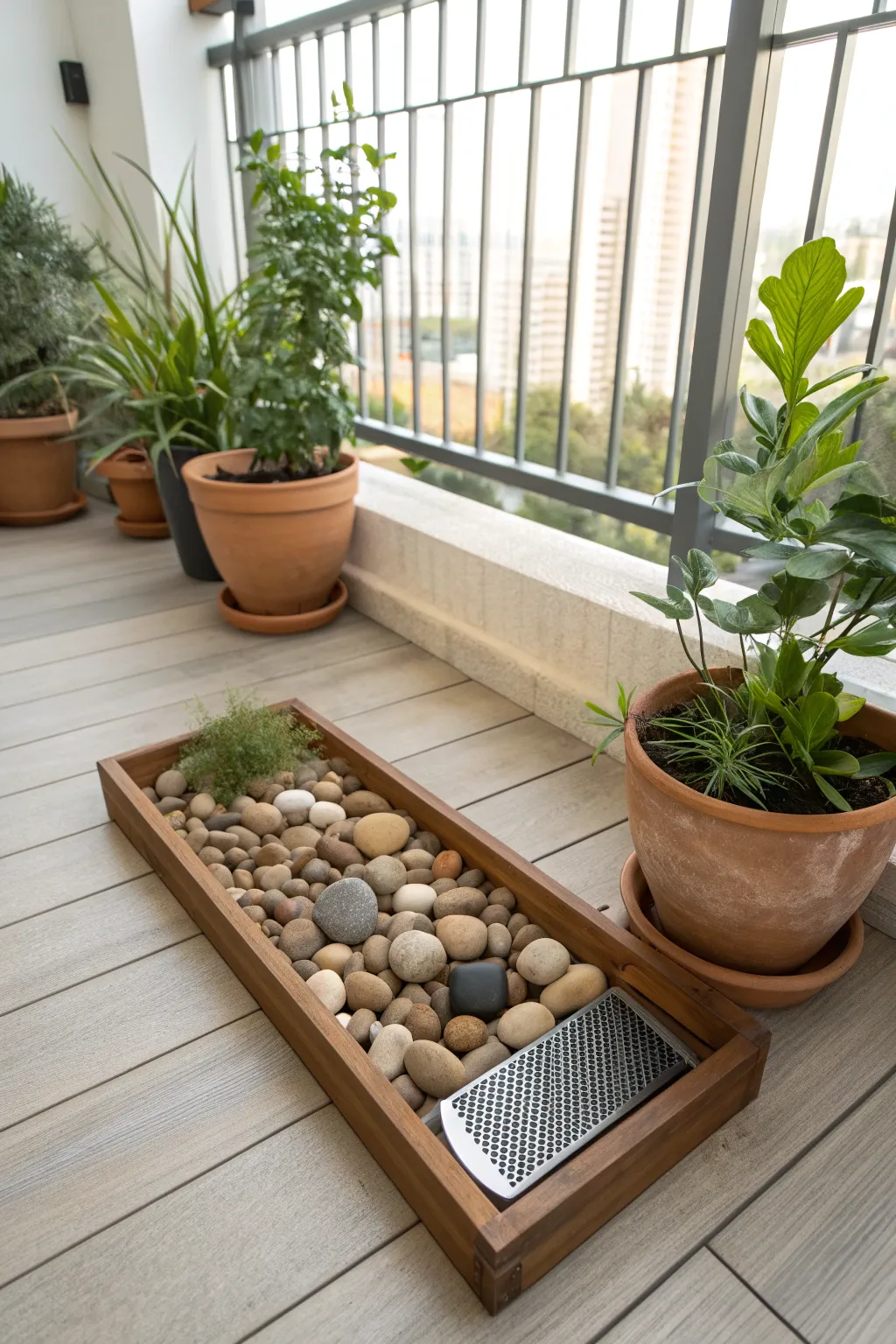 Elevate your balcony dog potty with a chic, DIY drainage solution that blends craftsmanship with natural beauty.