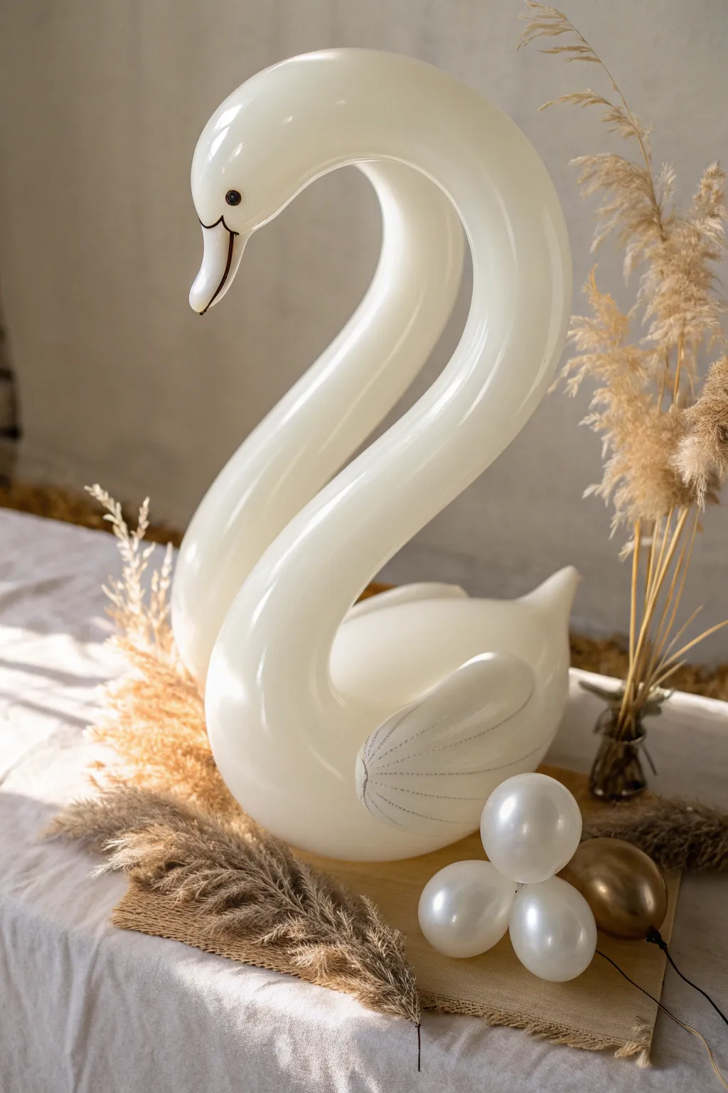 Elevate your decor with a charming balloon swan centerpiece, where simplicity meets elegance.