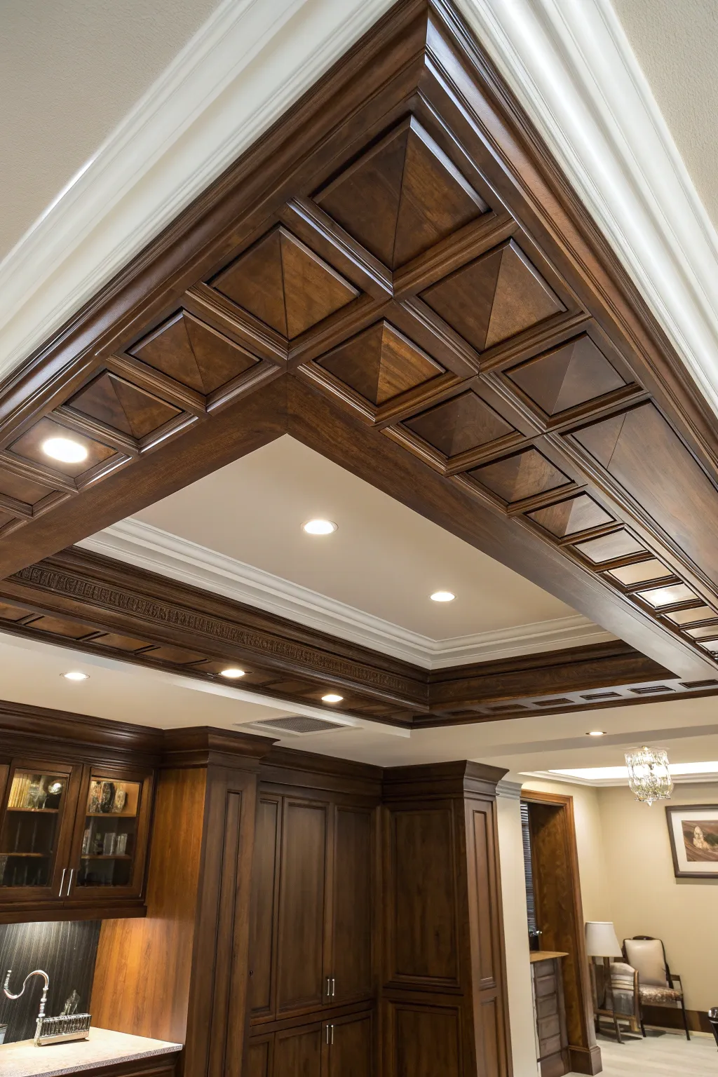 Elevate your basement with this striking zigzag soffit design, where function meets art.