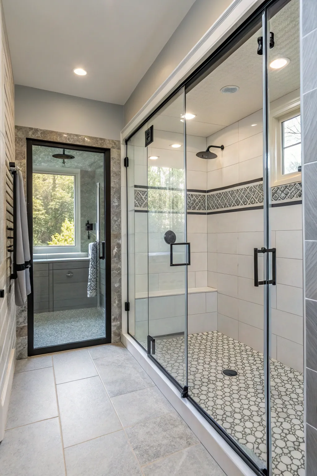 Open shower concept with glass doors and sleek tiling.