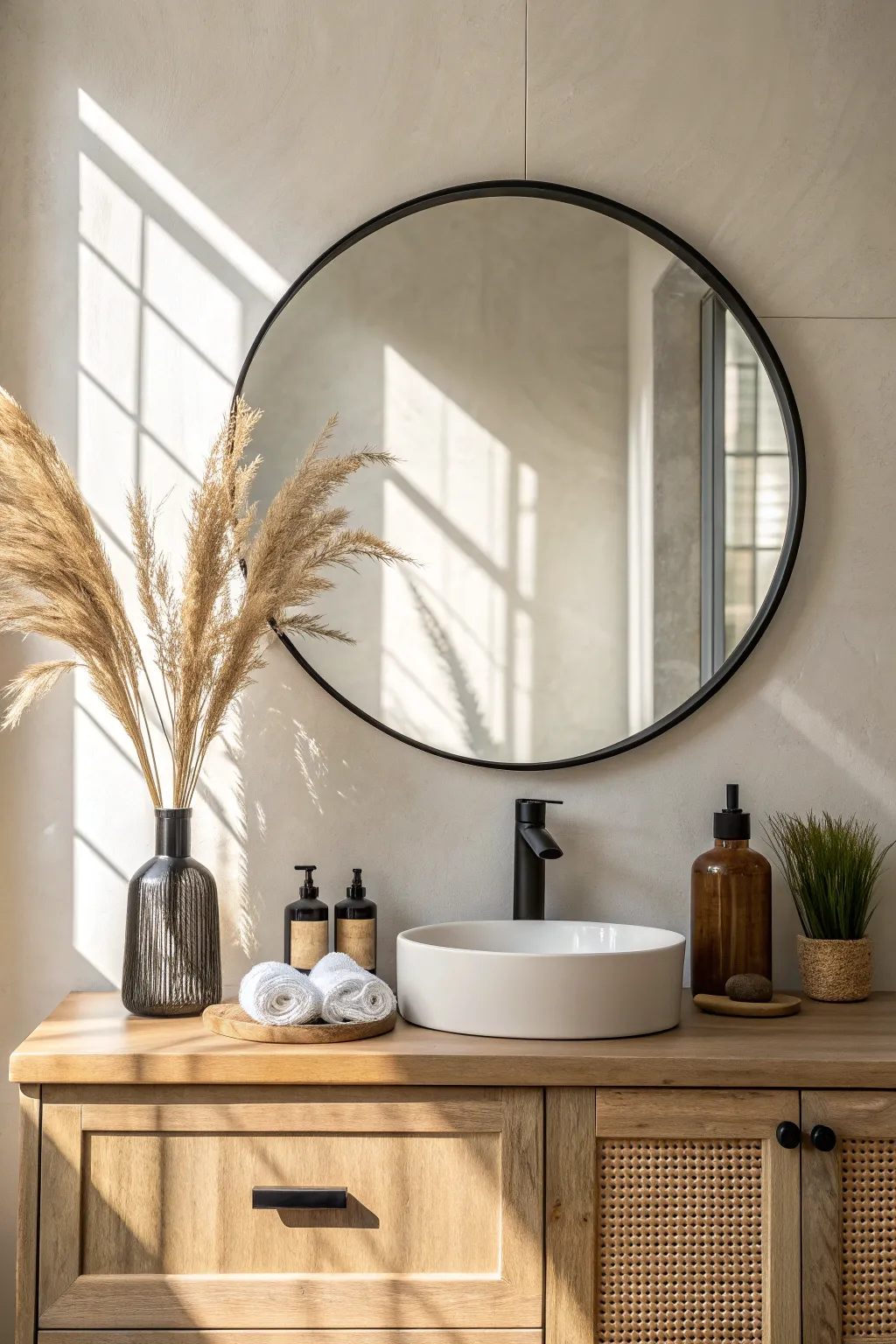 Transform your bathroom with a statement mirror that embodies modern minimalism and natural elegance.