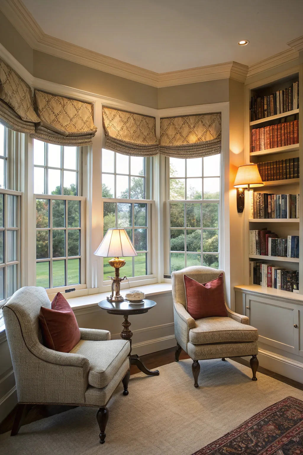 Relaxed Roman valances in a cozy reading nook.