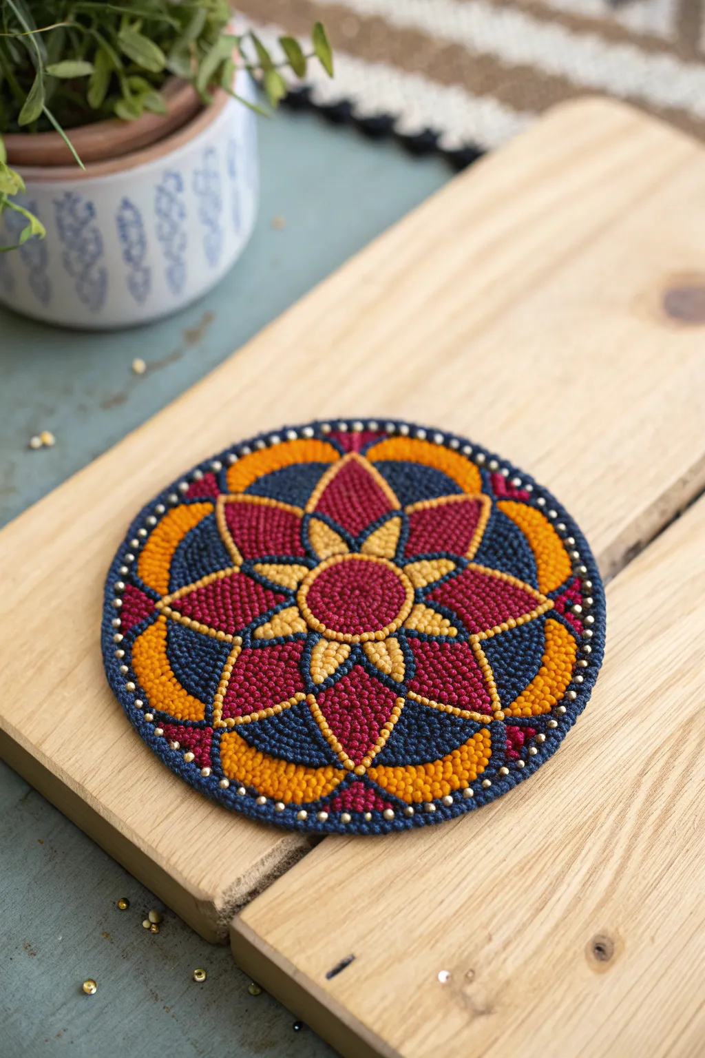 Discover the beauty of contrast with this vibrant beaded medallion—where bold colors meet minimalist elegance.