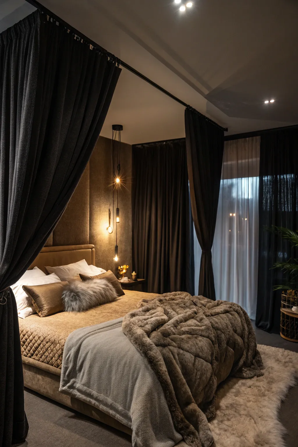 A luxurious bedroom setting with rich textures and black curtains.