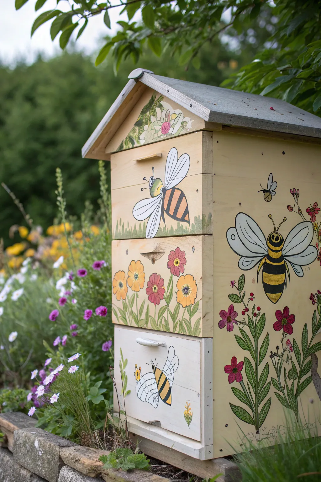Bring a touch of whimsy to your garden with this charmingly painted beehive, where fantasy and nature beautifully intertwine.
