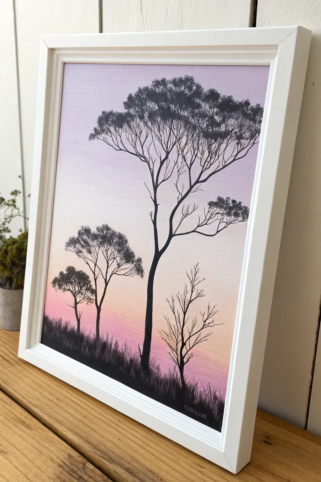 Capture the beauty of simplicity with silhouette trees against a dreamy gradient backdrop – perfect for beginner painters looking for elegance in minimalism.