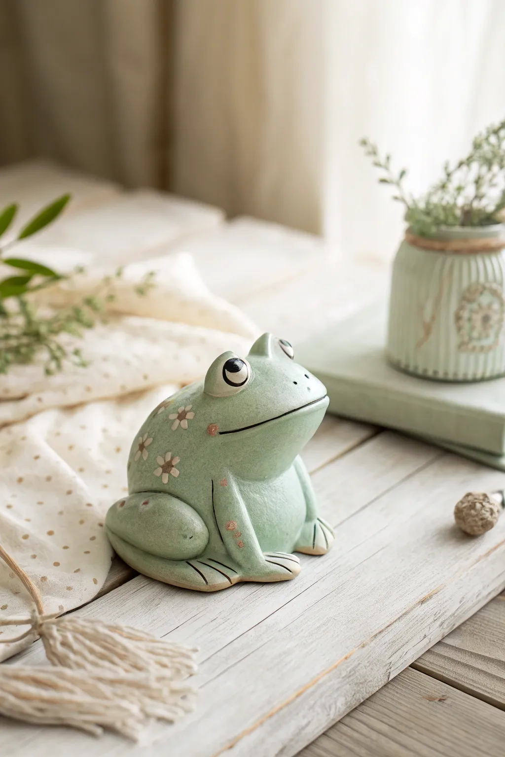 Add a touch of whimsy to your decor with this adorable polymer clay frog figurine, perfect for animal lovers and fans of minimalist design.