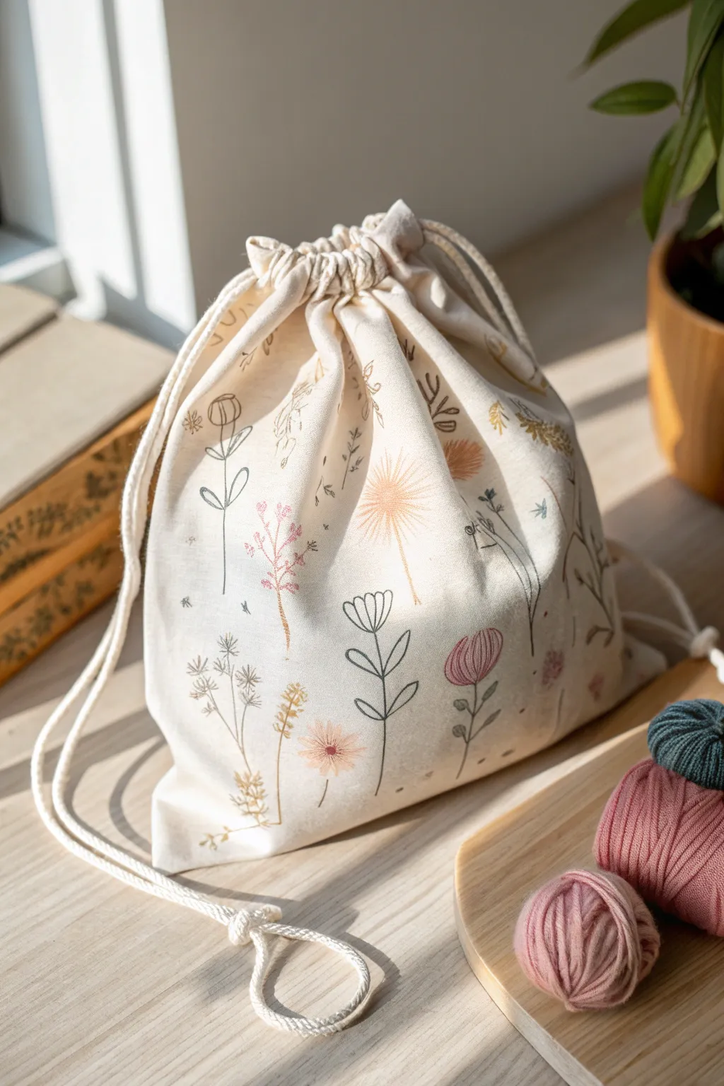 Embrace the joy of crafting with this charming drawstring bag, perfect for beginners and a delightful touch of handmade beauty.