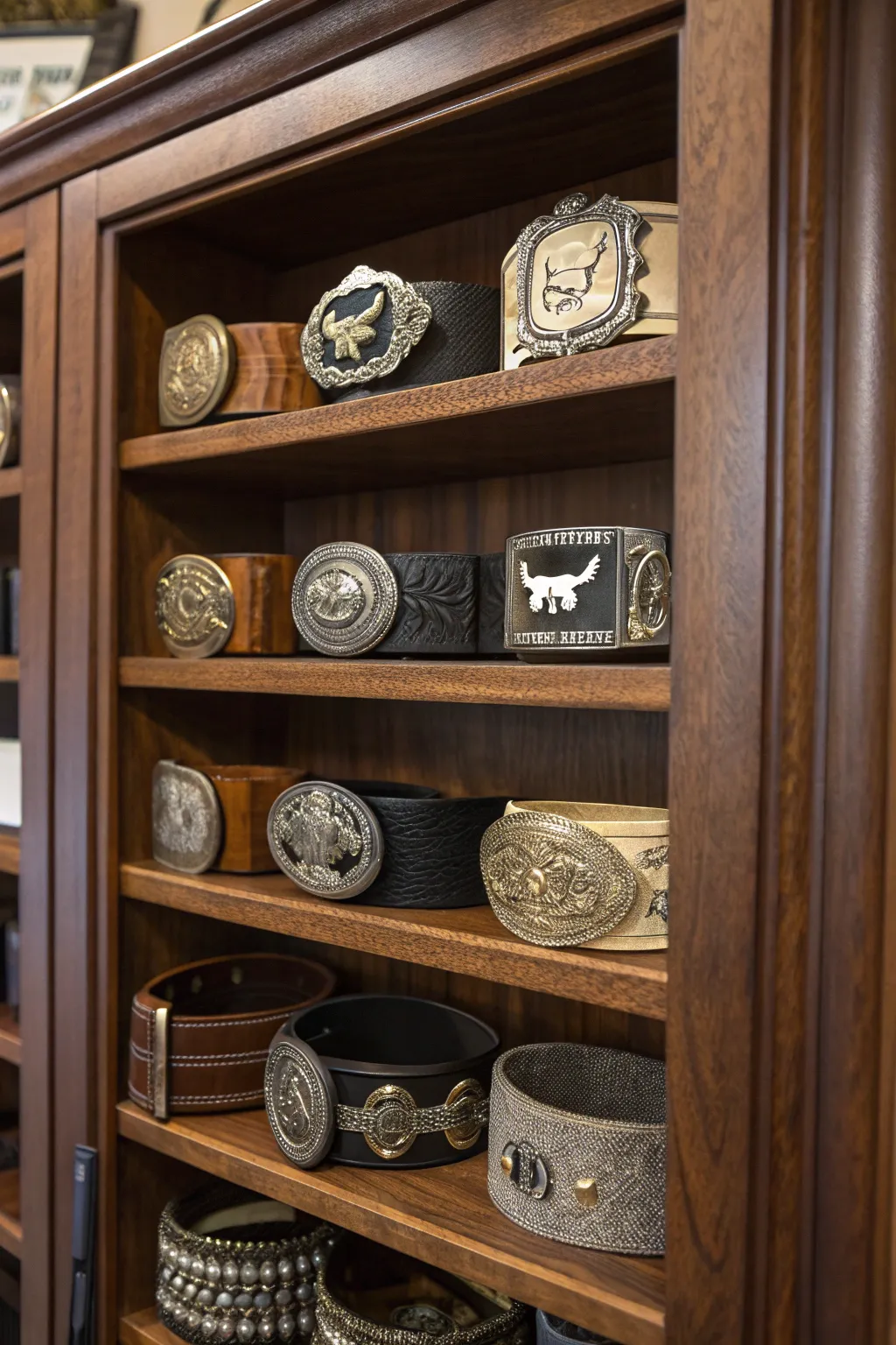 Showcase your style: A multi-shelf marvel for your prized belt buckles.