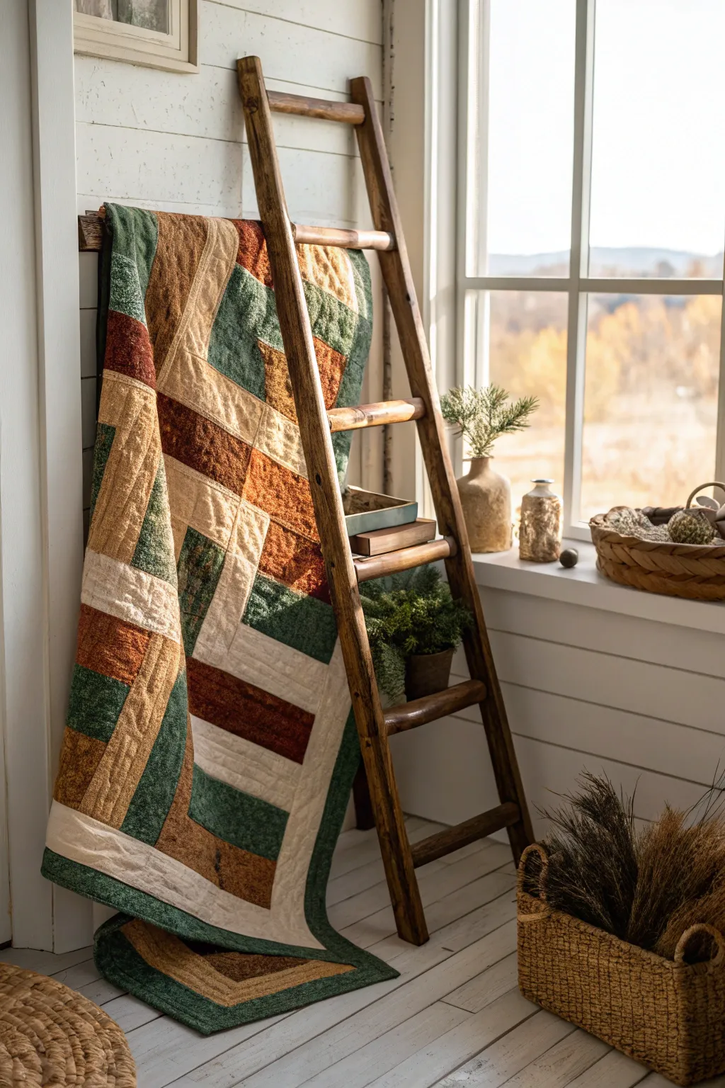 Embrace rustic charm with earthy tones and cozy vibes in your quilt design.