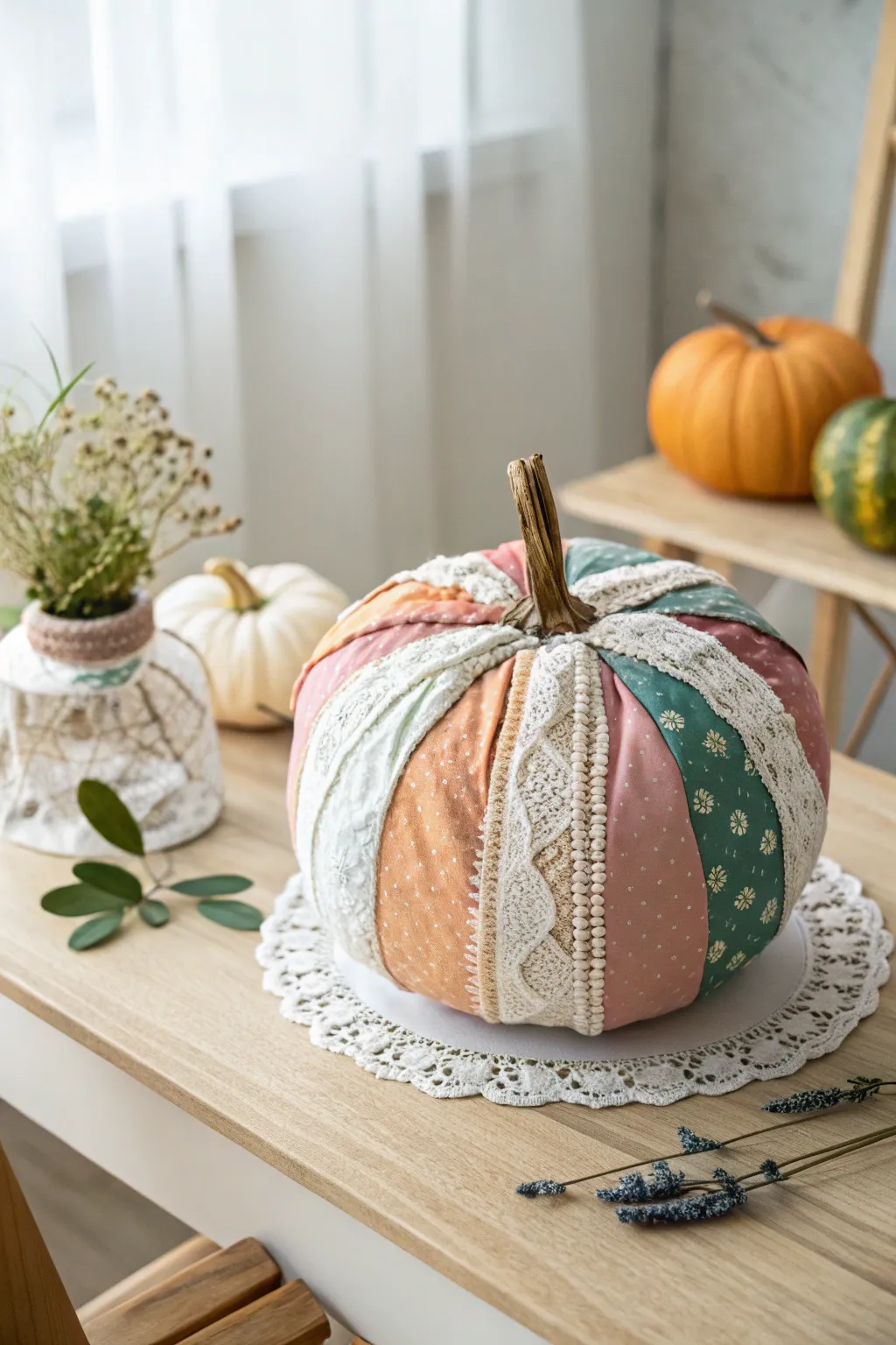 Embrace cozy elegance with fabric-wrapped pumpkins, where simplicity meets boho chic.