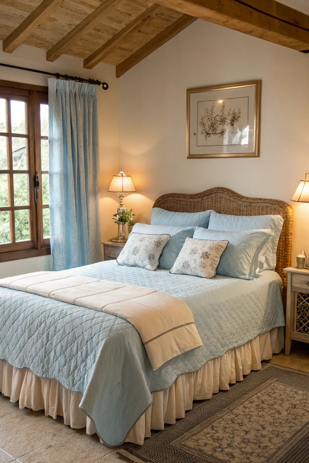 Relaxing with soft blue bedding for a peaceful night.