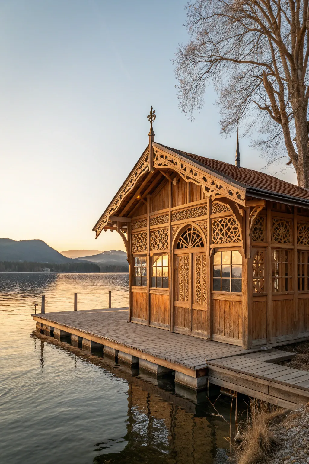 Experience the allure of waterfront elegance with this masterfully crafted boat shed.