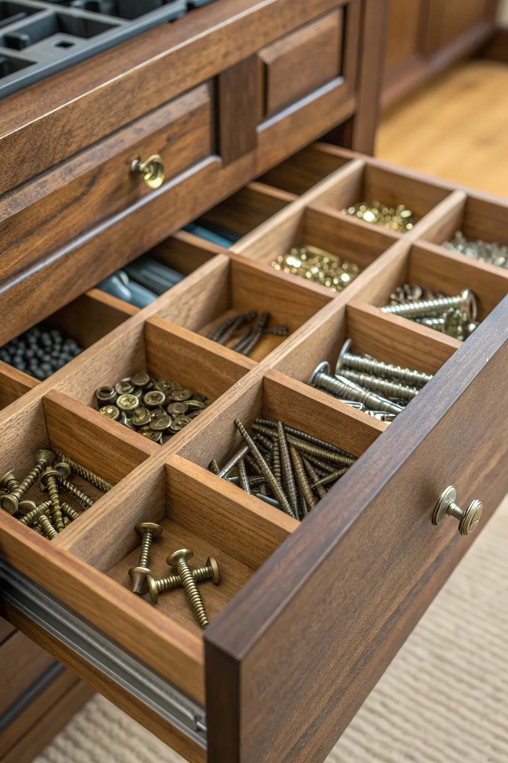 Craftsmanship meets organization: Perfect bolt storage with handcrafted dividers.