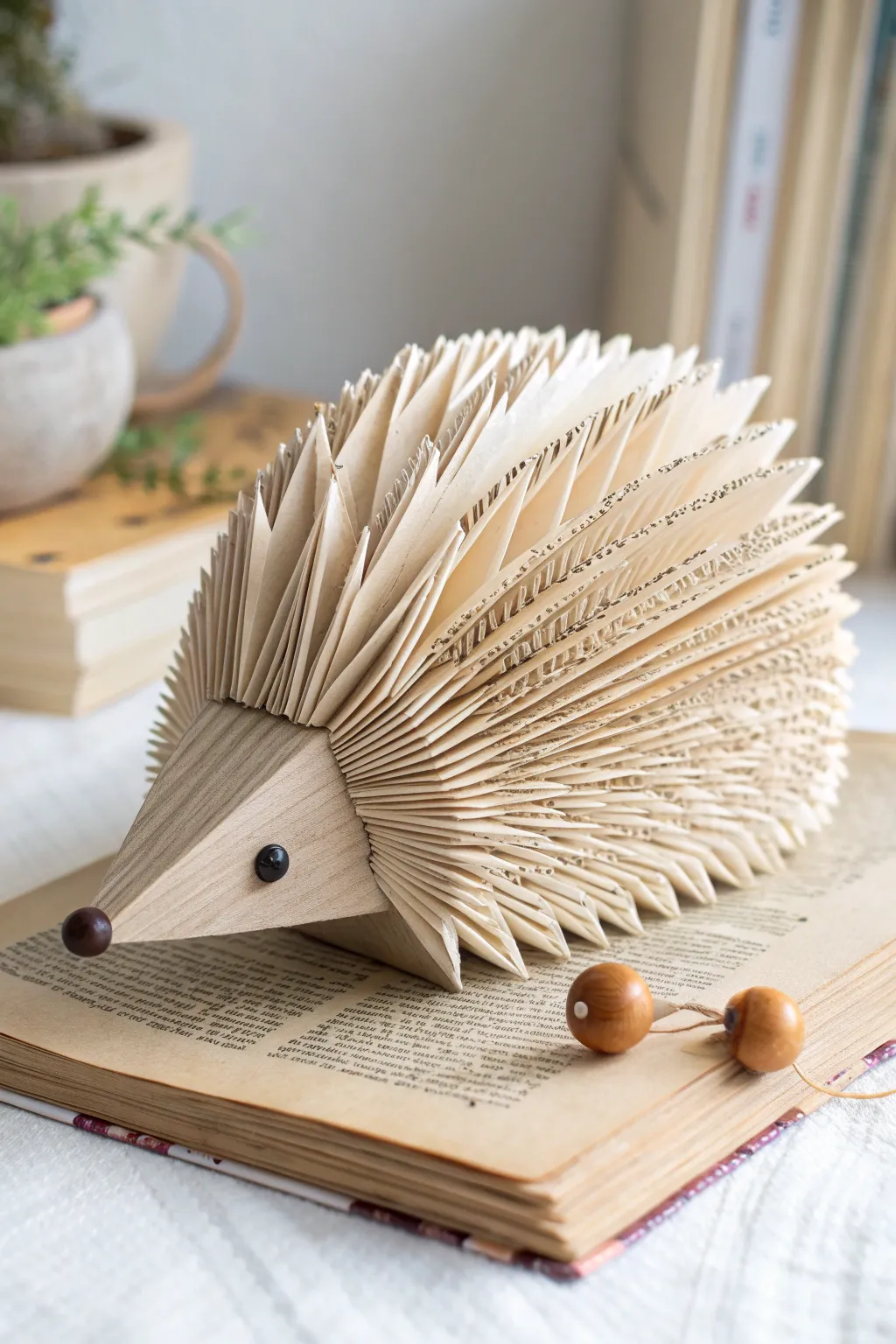 Charming and crafty: this book-folded hedgehog is a delightful centerpiece for any minimalist space.