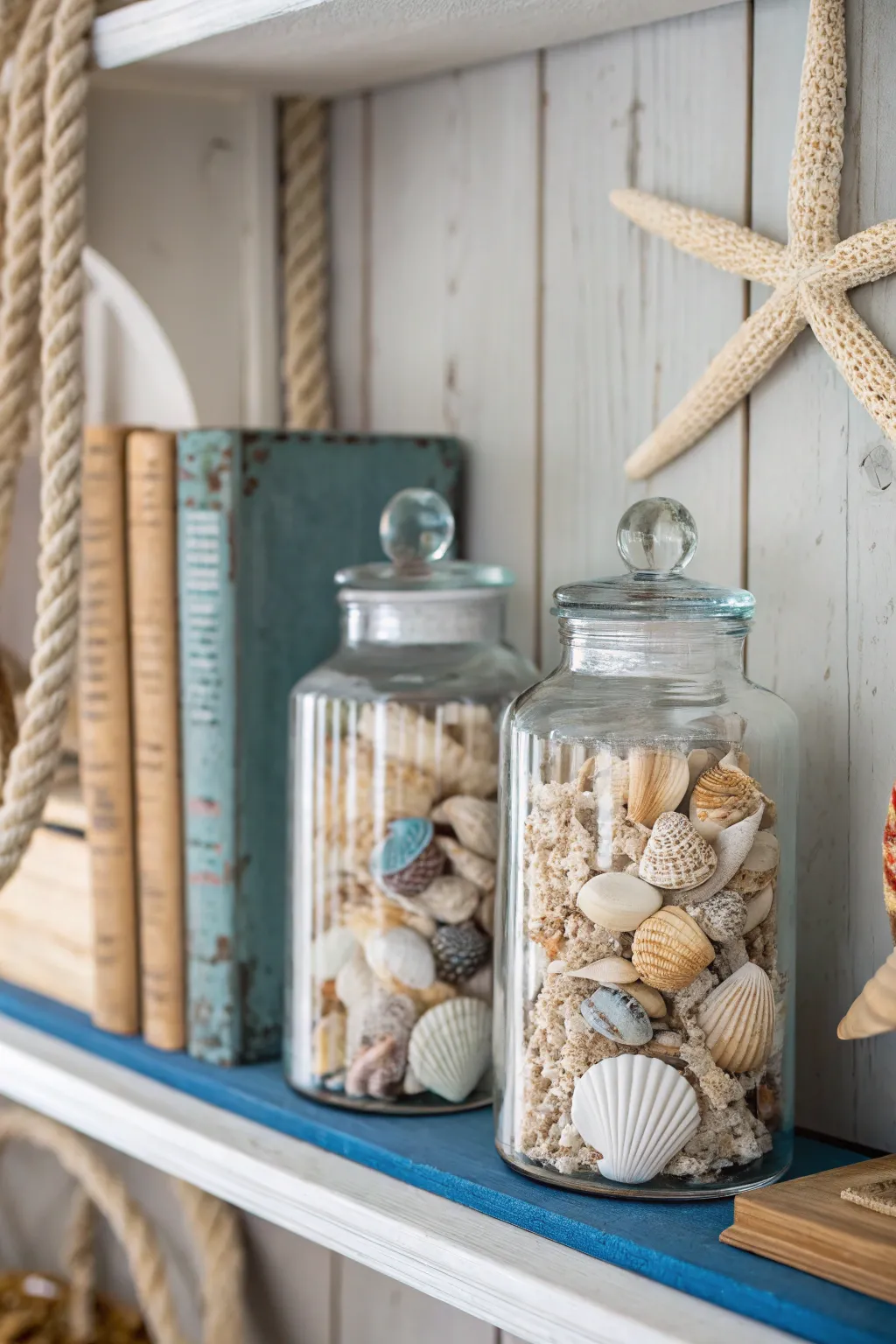 Create a beachy vibe with glass jar bookends.