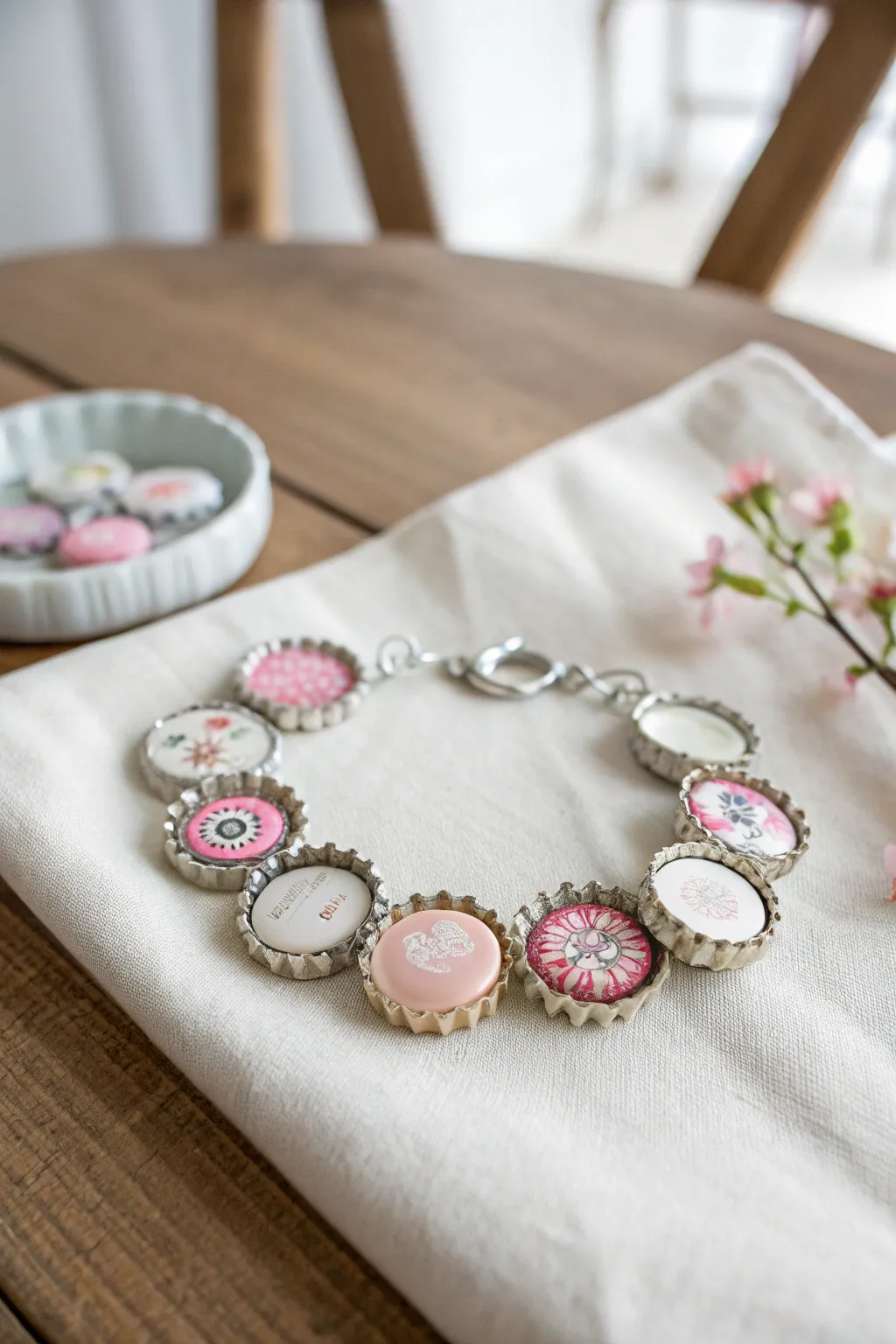 Embrace playful elegance with this whimsical bottle cap bracelet, where creativity meets craftsmanship.