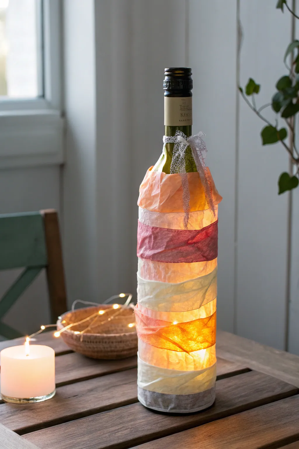 Transform wine bottles into enchanting lanterns for a touch of warmth and creativity on your patio.