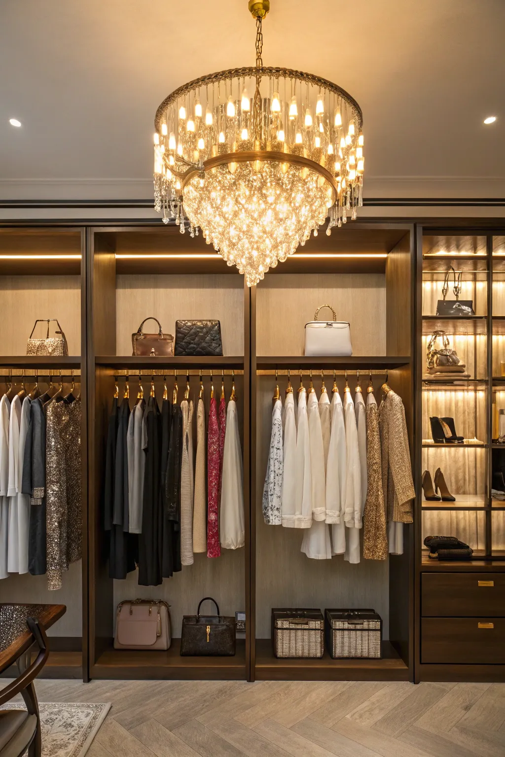 Accent lighting enhances the luxurious feel of a boutique closet.