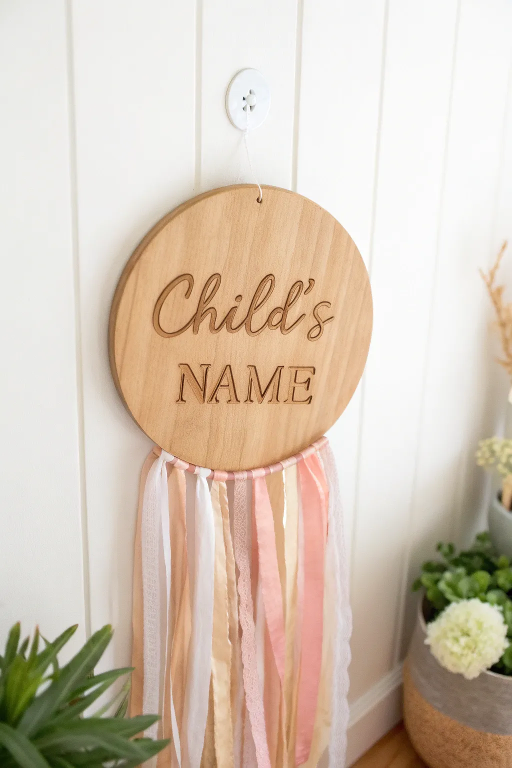 Add a personal touch to your child's room with this charming name plaque bow holder.