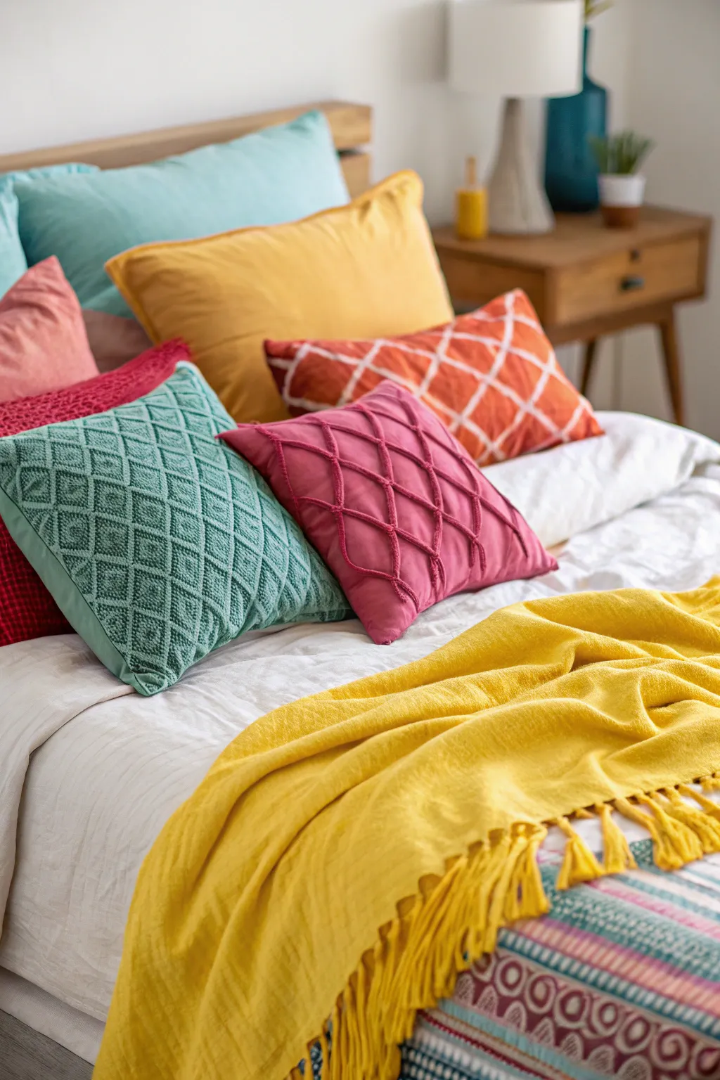 A cozy bed adorned with vibrant cushions and a bright throw.