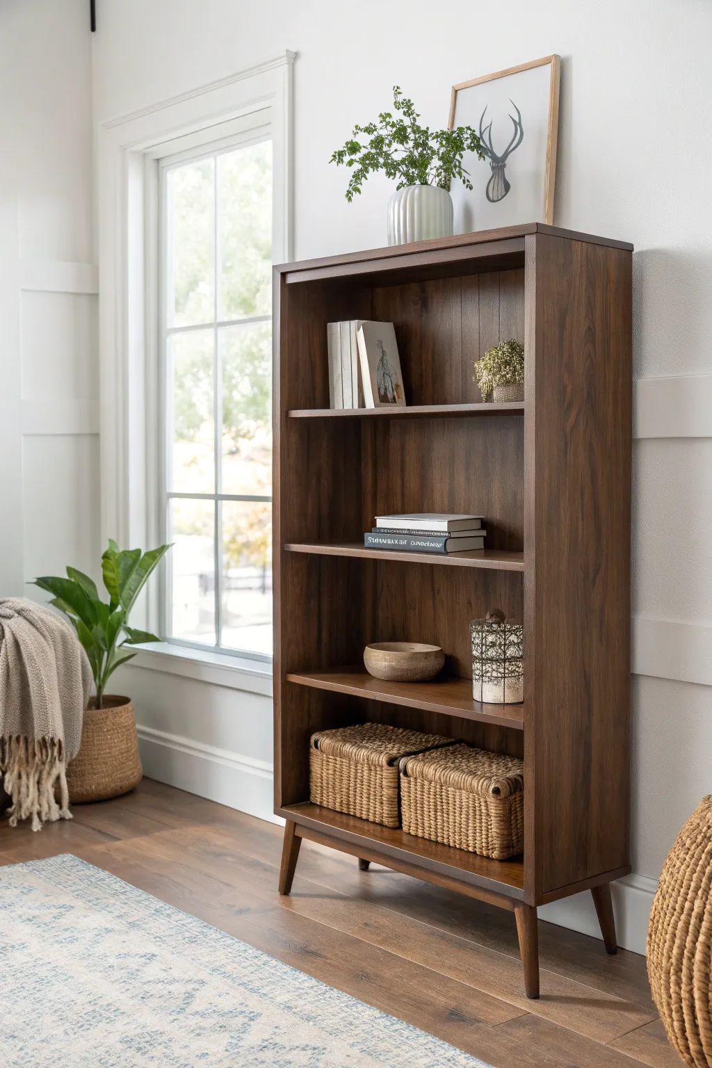 Transform your space with the elegance of a dark walnut bookshelf, where simplicity meets sophistication.