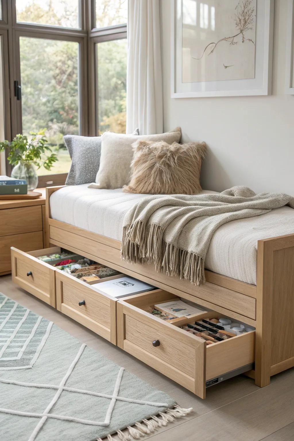 Maximize your space with a stylish daybed that offers hidden storage for all your craft supplies. #ScandinavianDesign #BohoChic