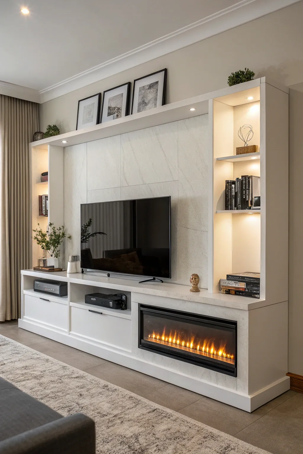 Minimalist design with sleek lines creates a sophisticated entertainment space.