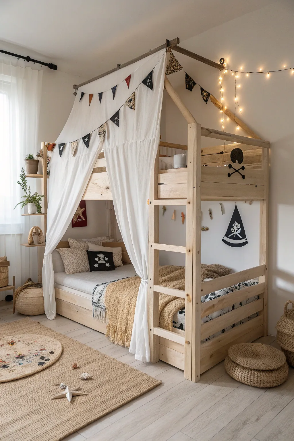 Set sail on a minimalist adventure with this charming pirate-themed bunk bed fort!