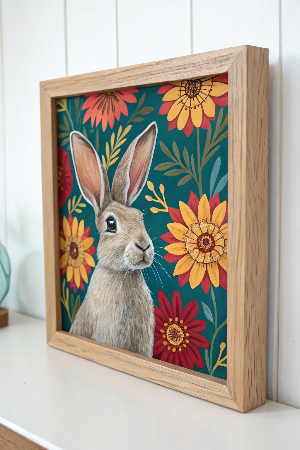 Add a touch of whimsy to your space with this charming bunny portrait, where vibrant florals meet minimalist elegance.