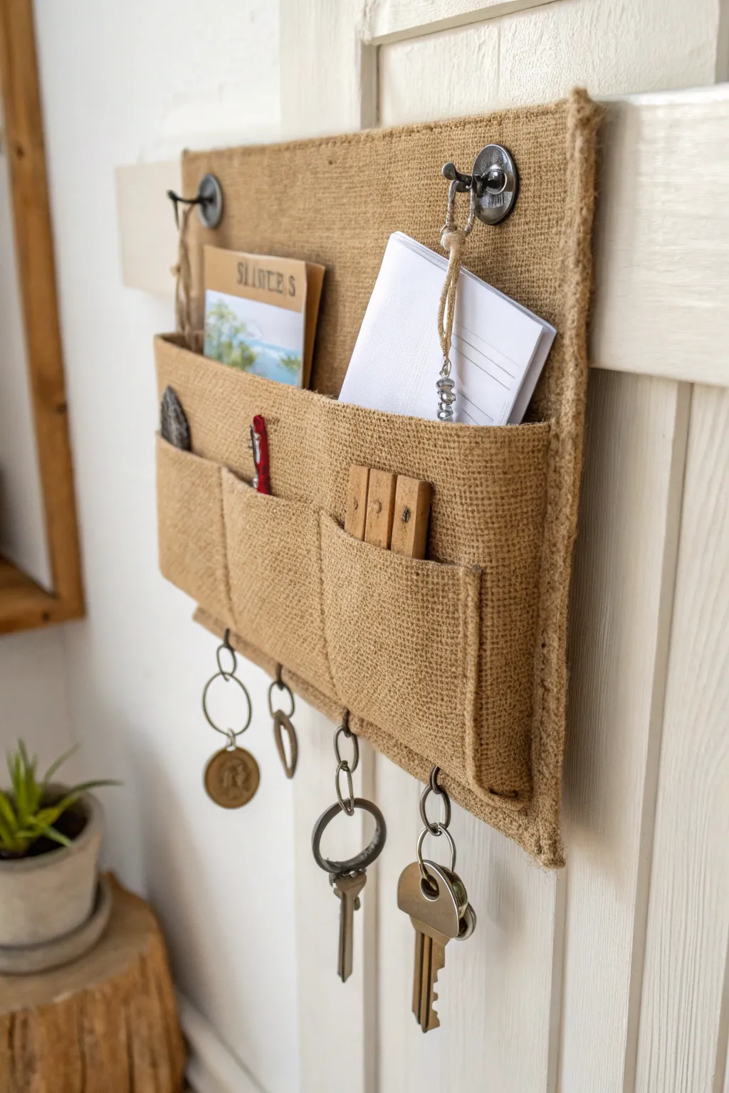 Elevate your entryway with this chic burlap key and mail holder, where simplicity meets style.