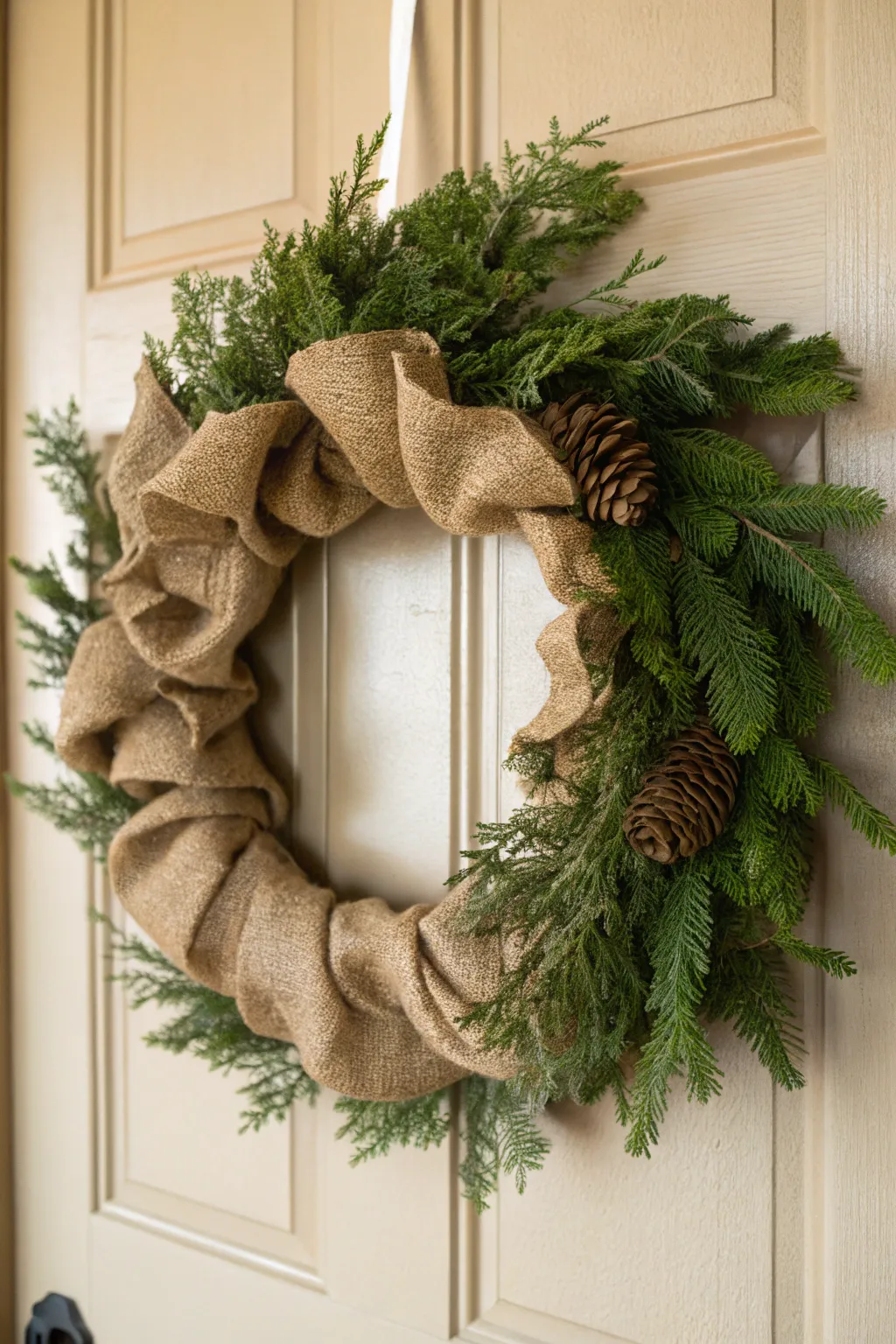 Embrace the serene beauty of nature with this Evergreen Elegance burlap wreath, perfect for a minimalist holiday touch.