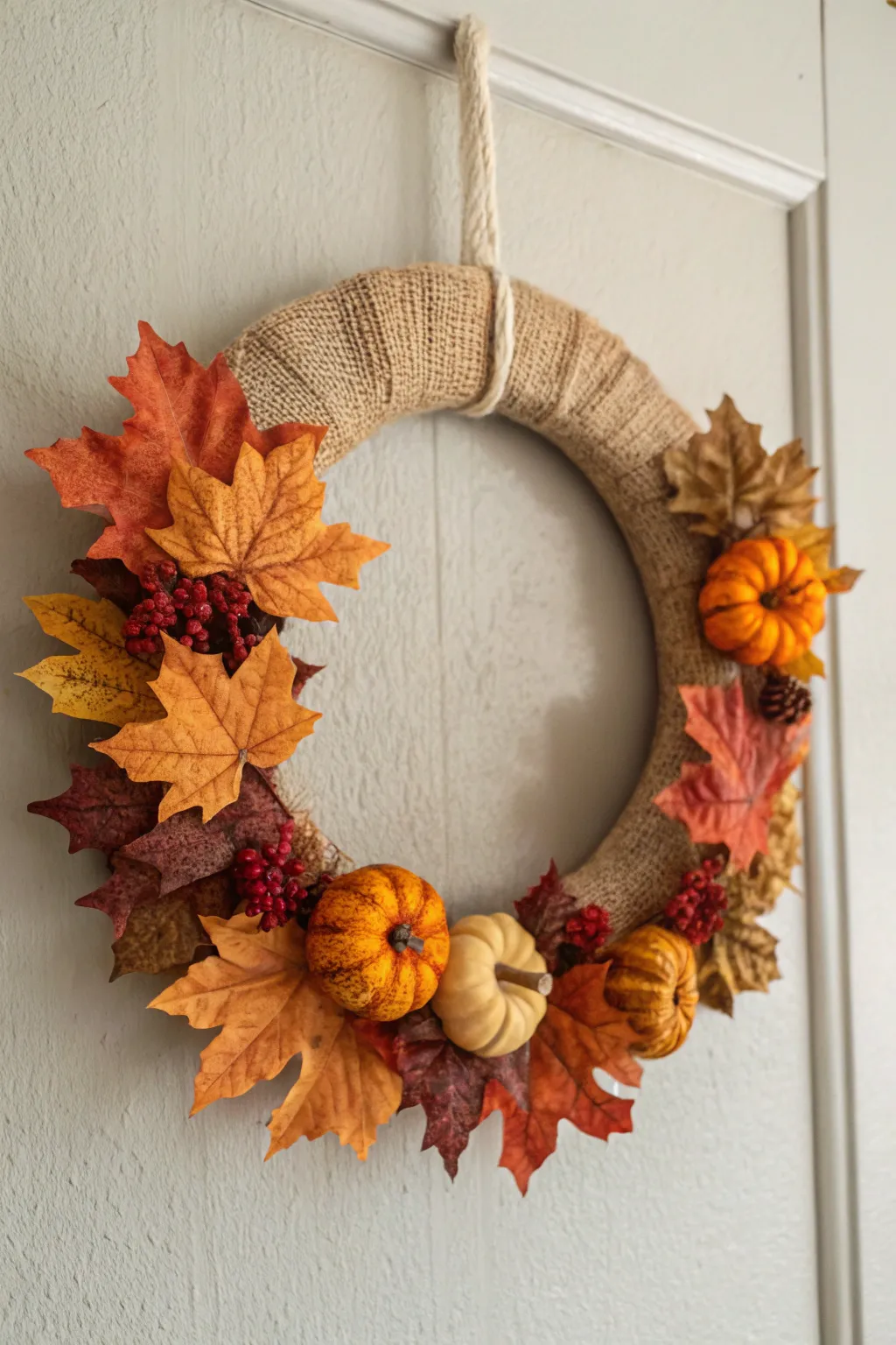 Welcome autumn with a handcrafted burlap wreath, celebrating the season's natural beauty.