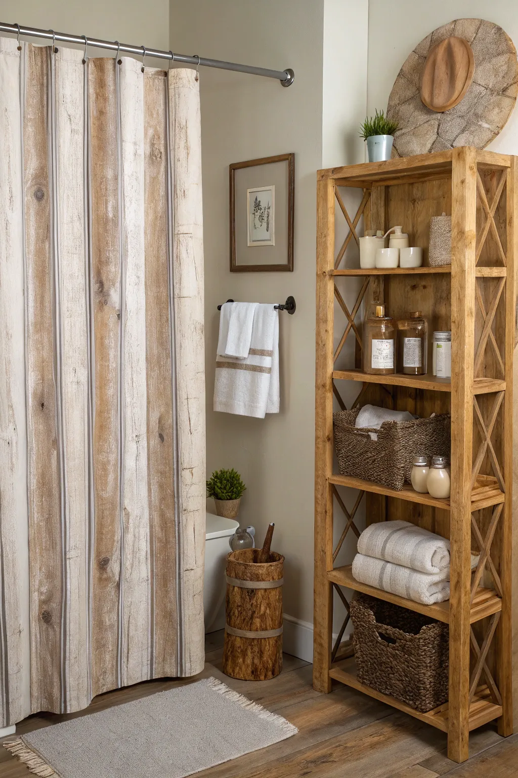 A shower curtain with wood texture creating a rustic cabin atmosphere.