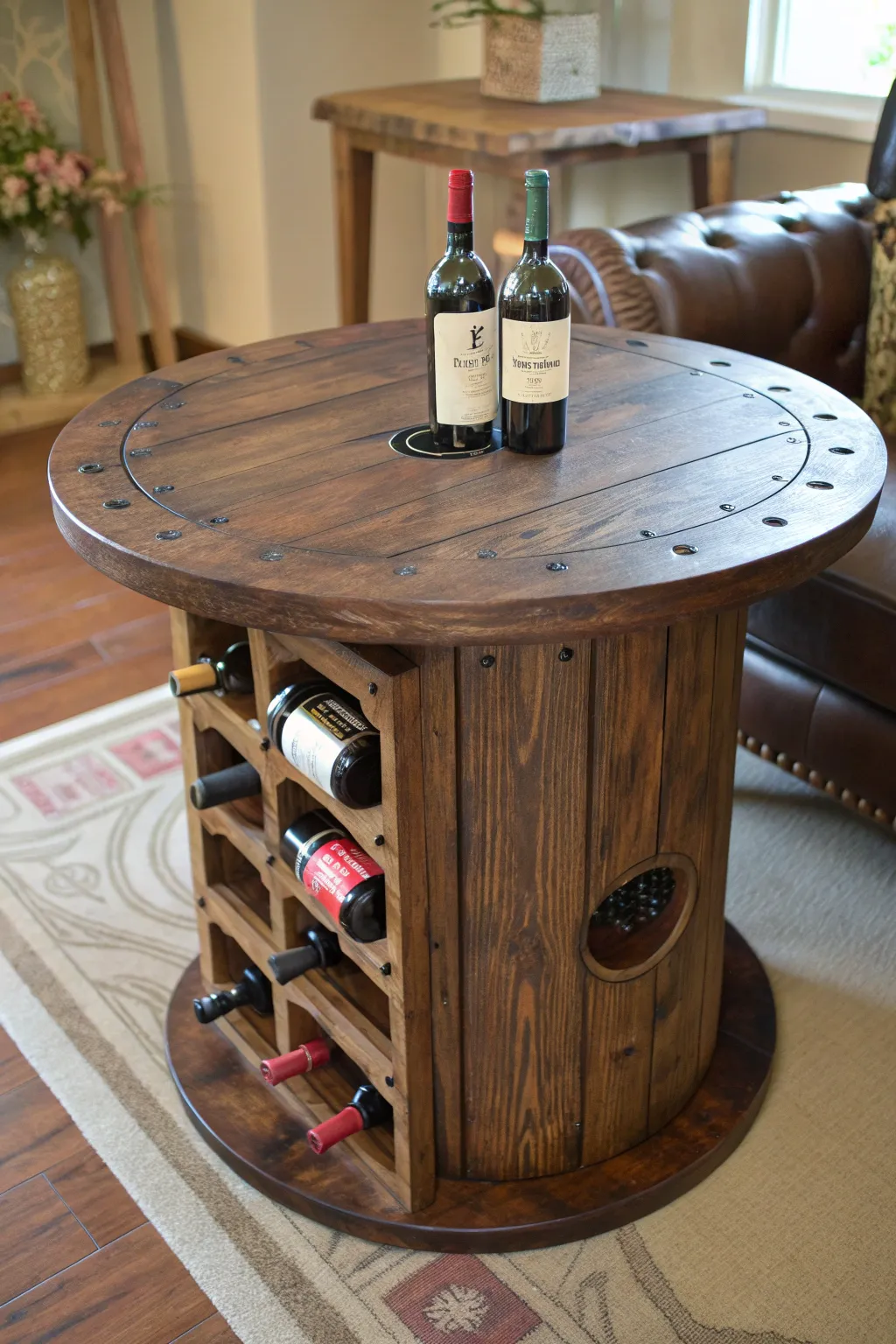 Elevate your space with a handcrafted spool table featuring a built-in wine holder – where function meets style.