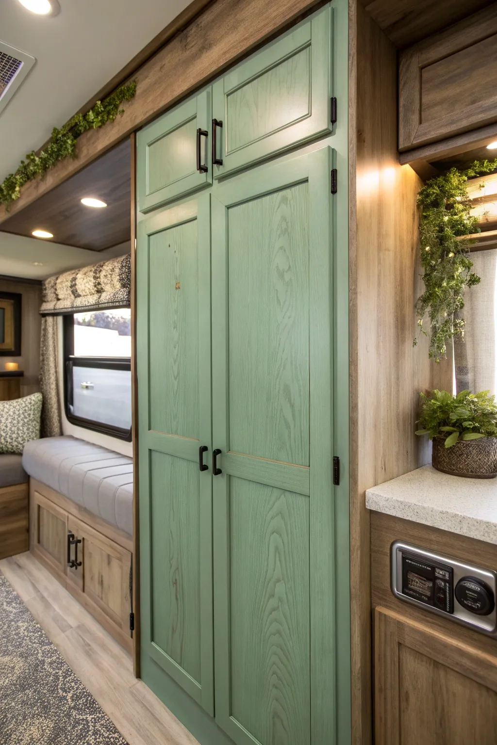 Bring the tranquility of nature into your RV with sage green craftsmanship.